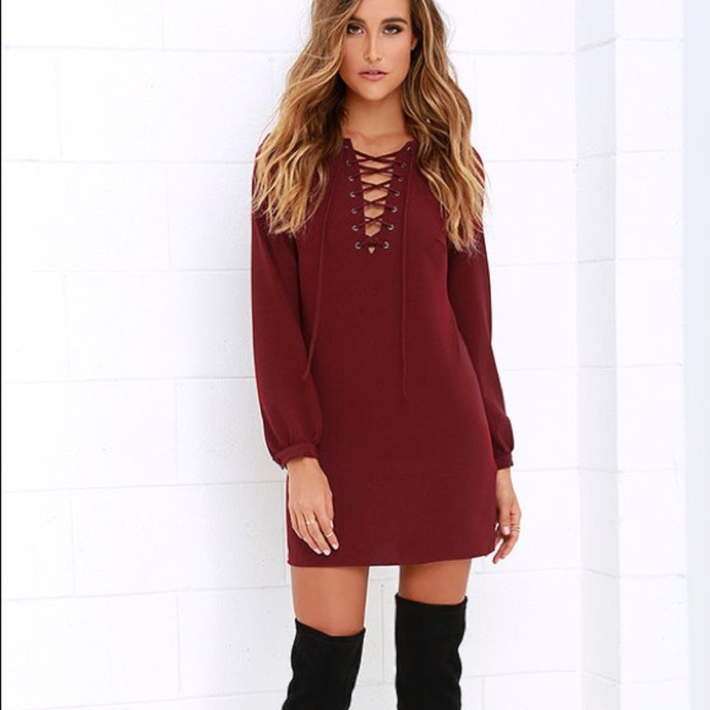 LuLu’s - Up, Up and Away Burgundy Lace-Up Dress